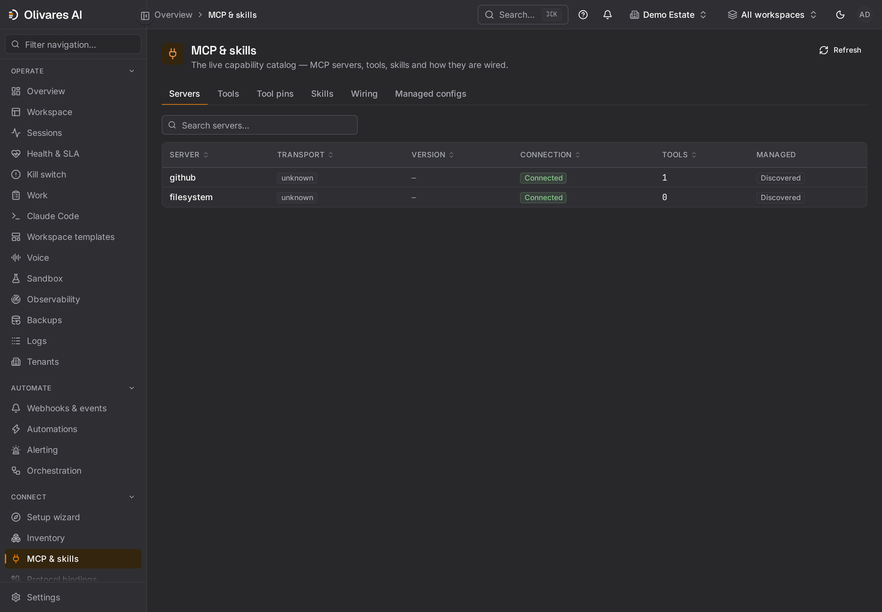 The MCP & skills view: the live capability catalog with servers, tools, wiring and managed configs.