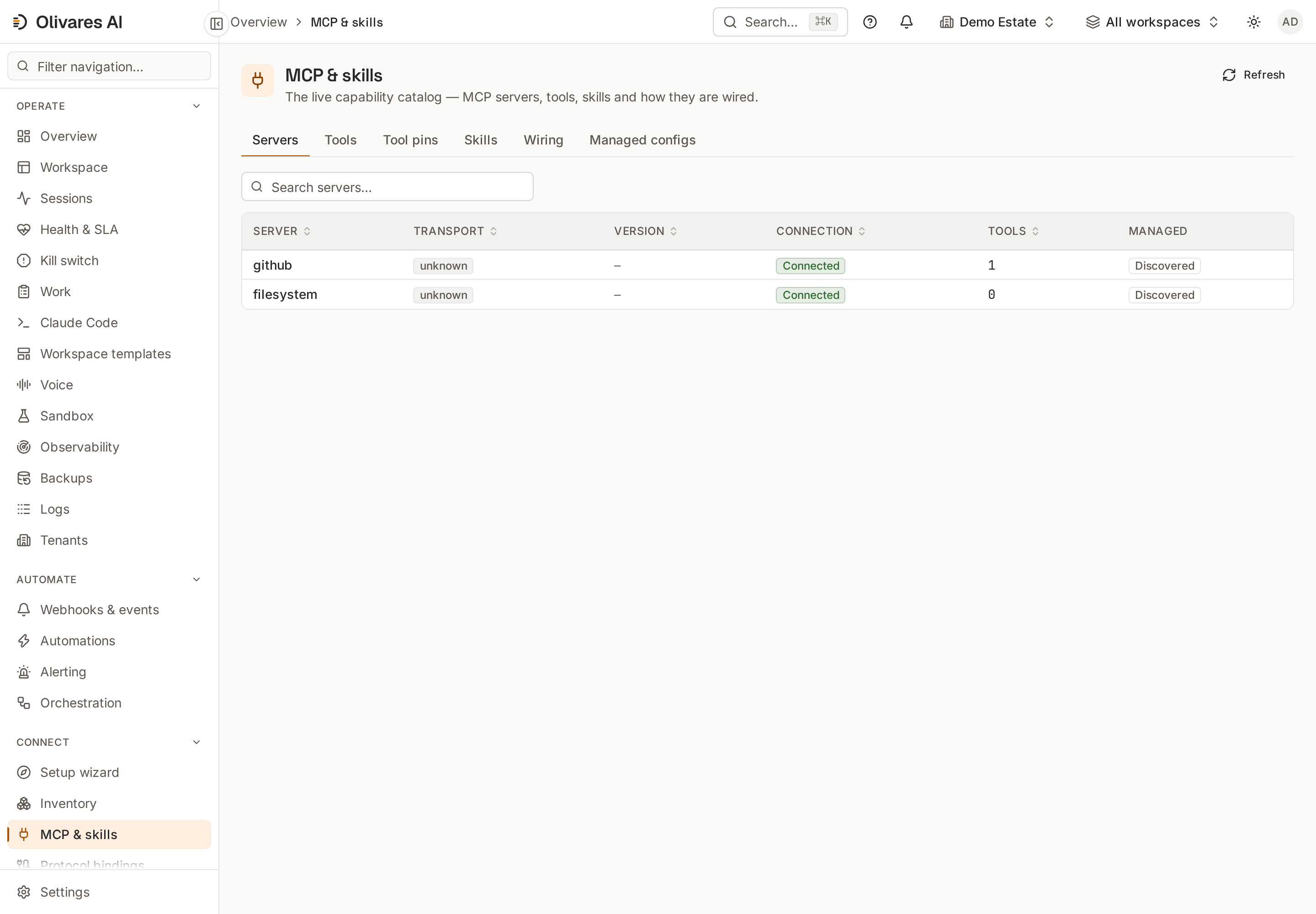 The MCP & skills view: the live capability catalog with servers, tools, wiring and managed configs.