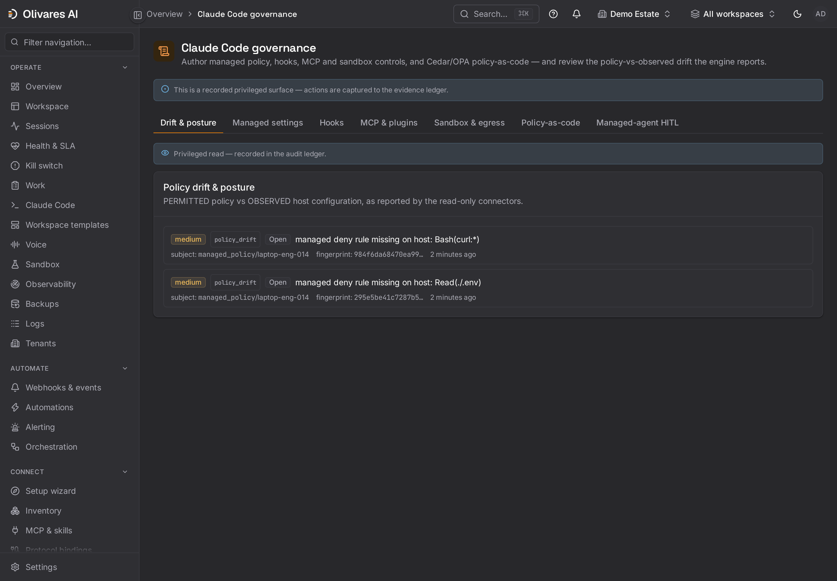 The Claude Code governance view — policy authoring and fleet posture in one place.