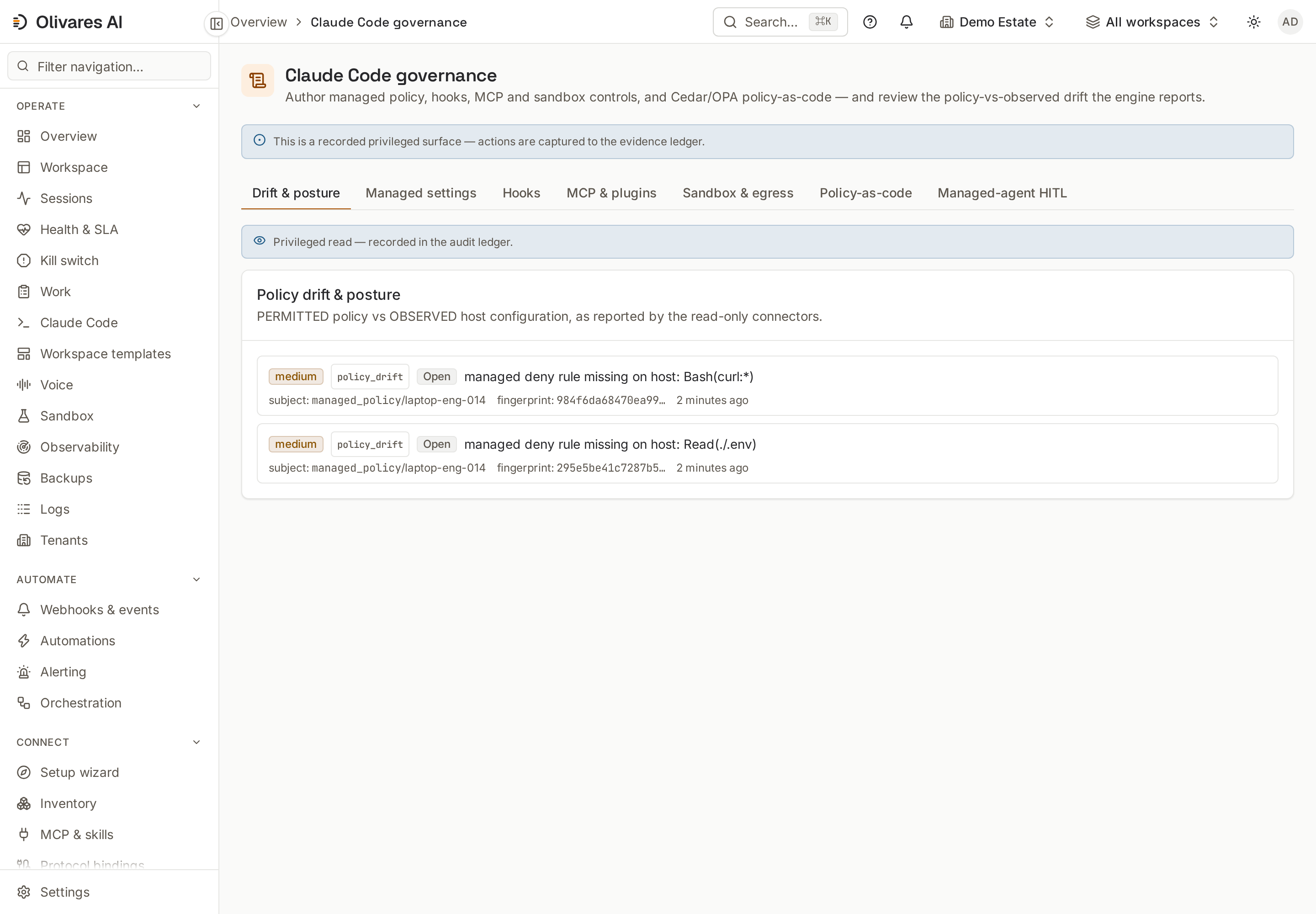 The Claude Code governance view — policy authoring and fleet posture in one place.