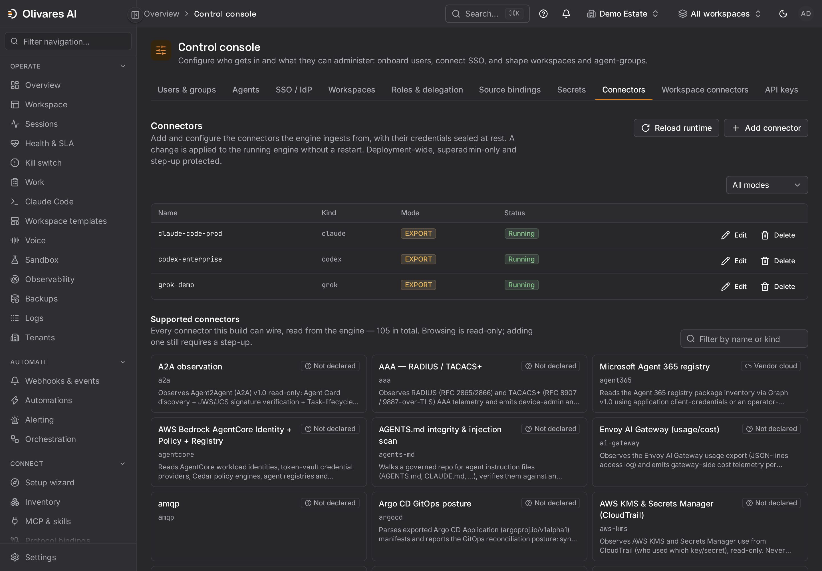 Configure who gets in and what they can administer: onboard users, connect SSO, and shape workspaces and agent-groups.
