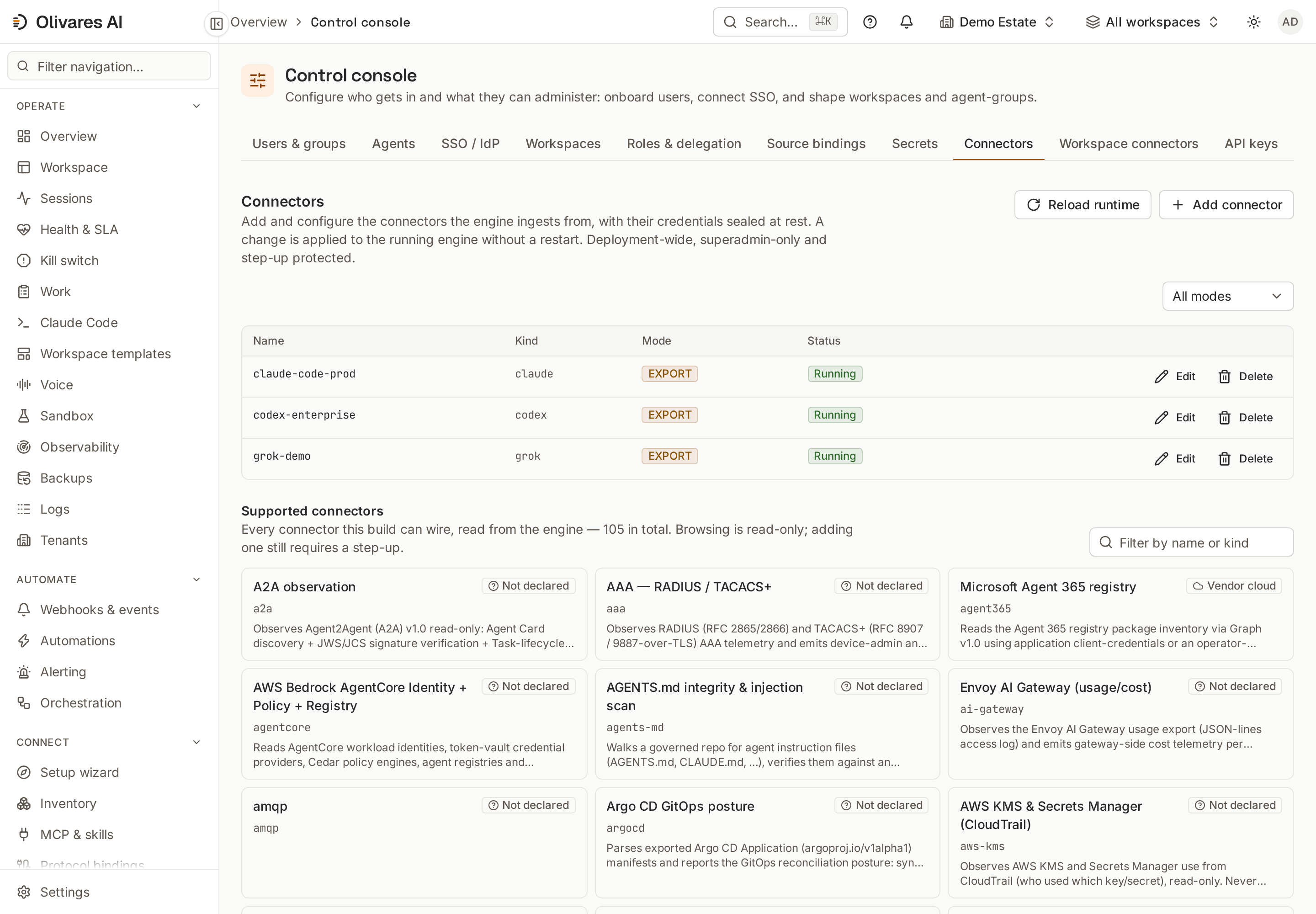 Configure who gets in and what they can administer: onboard users, connect SSO, and shape workspaces and agent-groups.