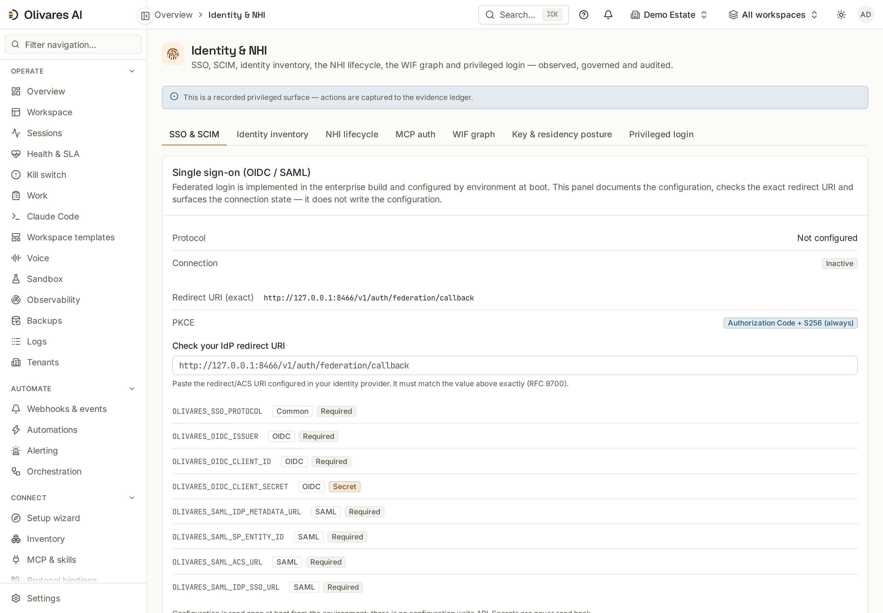 The Identity & NHI view: SSO configuration with exact redirect-URI checking, the NHI roster, and key posture tabs.