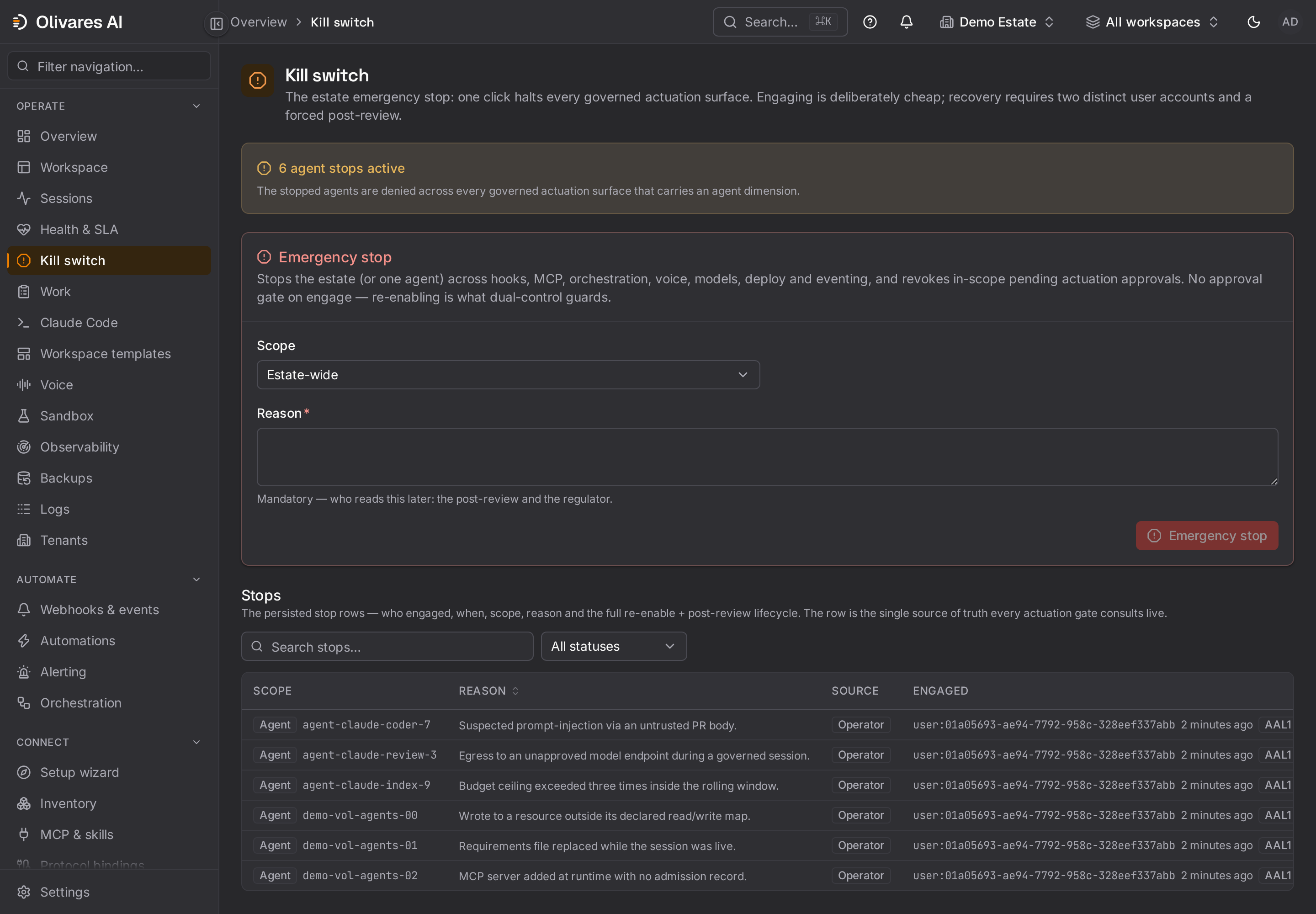 The Kill switch console view: estate state and per-stop history.