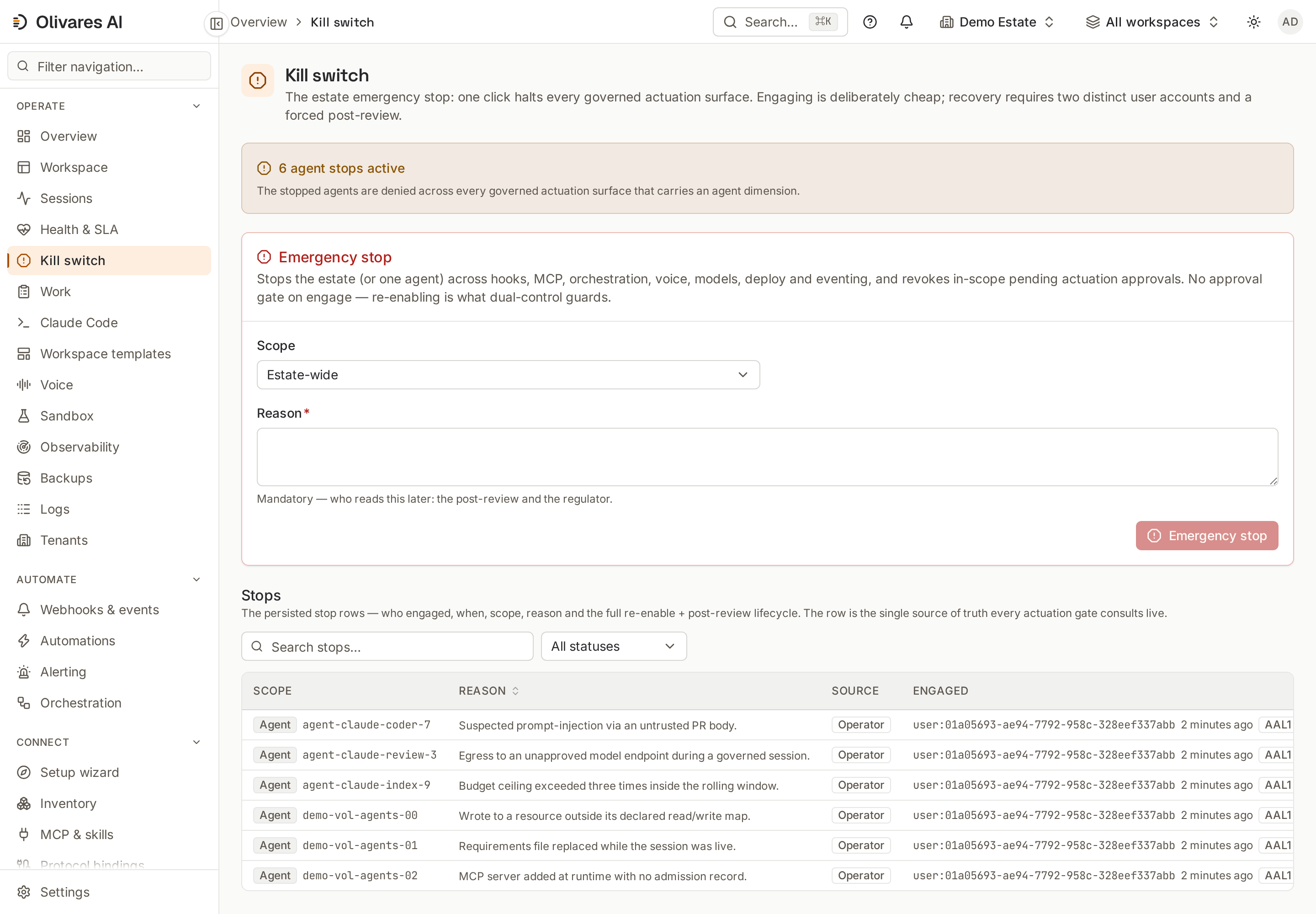 The Kill switch console view: estate state and per-stop history.