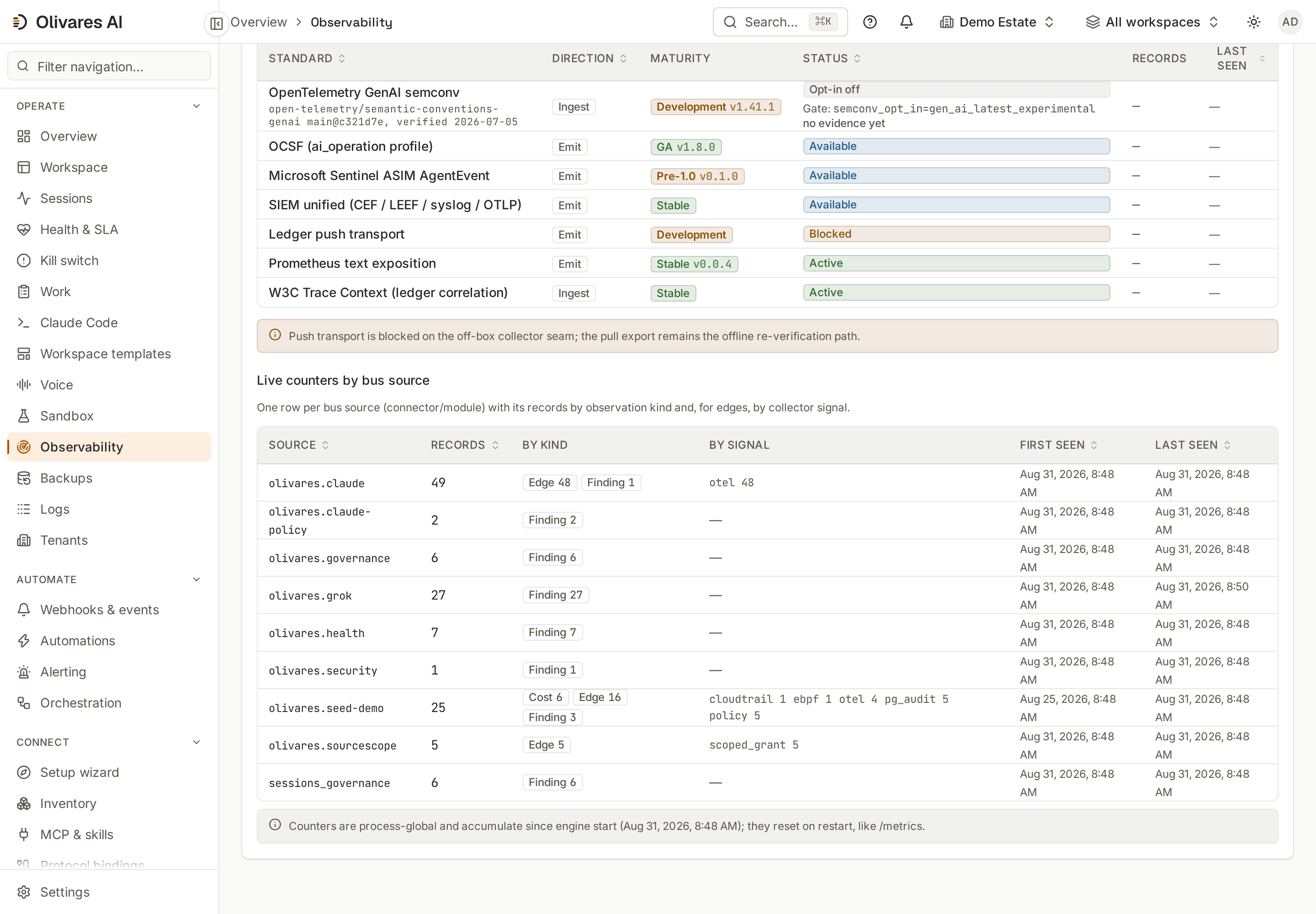 Observability & interop: Standards-based ingestion health and ledger-correlated trace drill-down. Figures are engine-wide (process-global), not per-tenant; standards are pinned to the versions and maturities the upstream bodies declare.