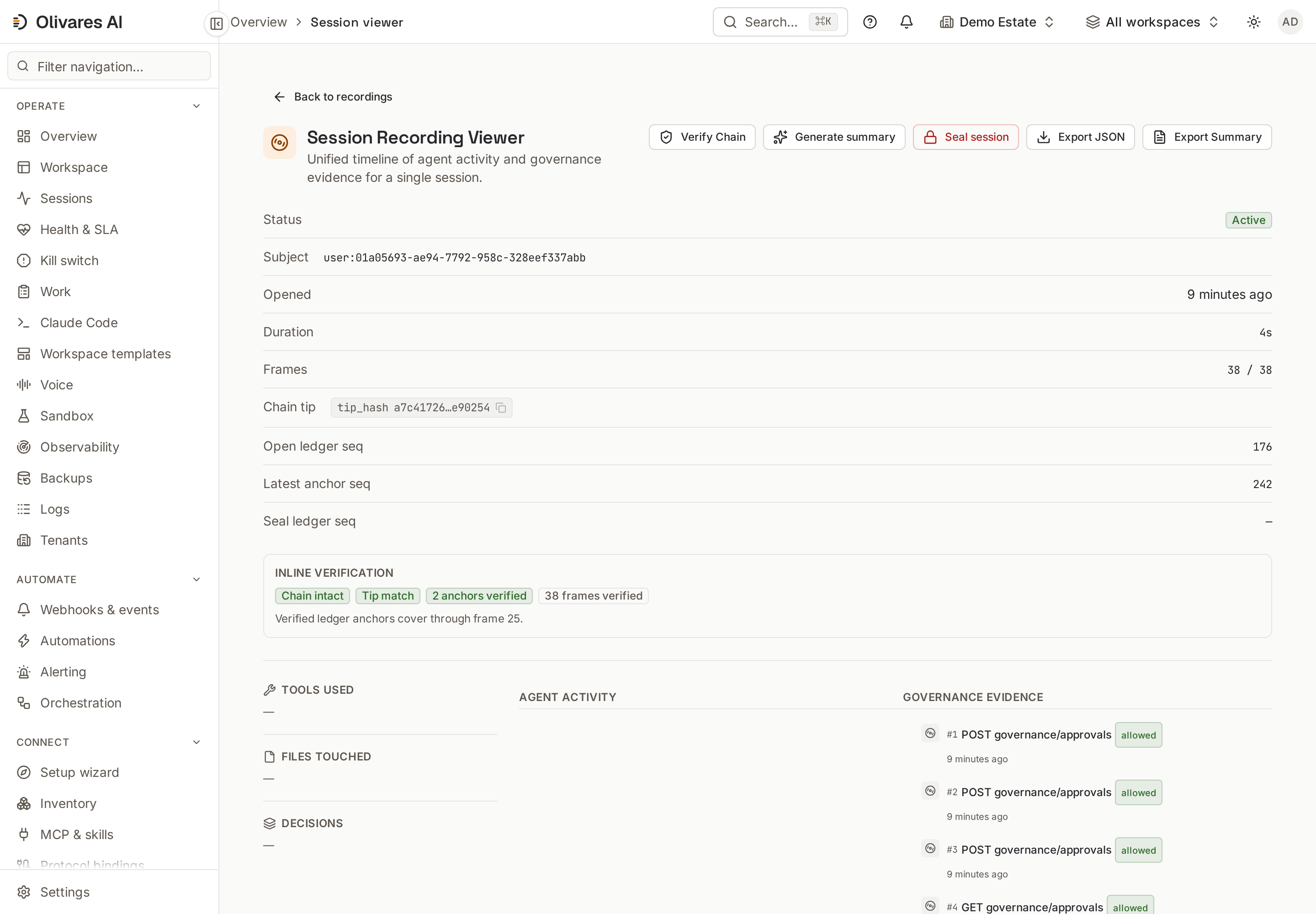 Session Recording Viewer: Unified timeline of agent activity and governance evidence for a single session.