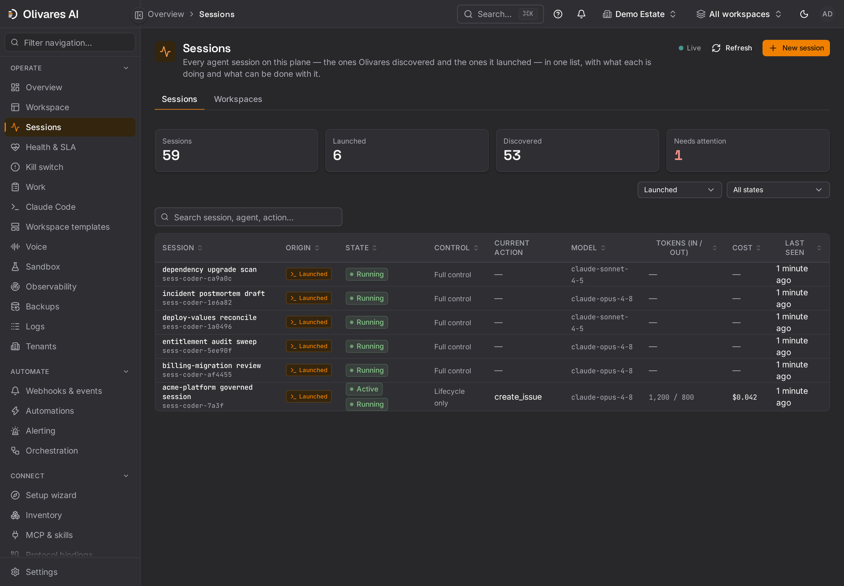Live agent operation — what each session is doing right now, its tokens, cost and cadence, updated over a live stream.