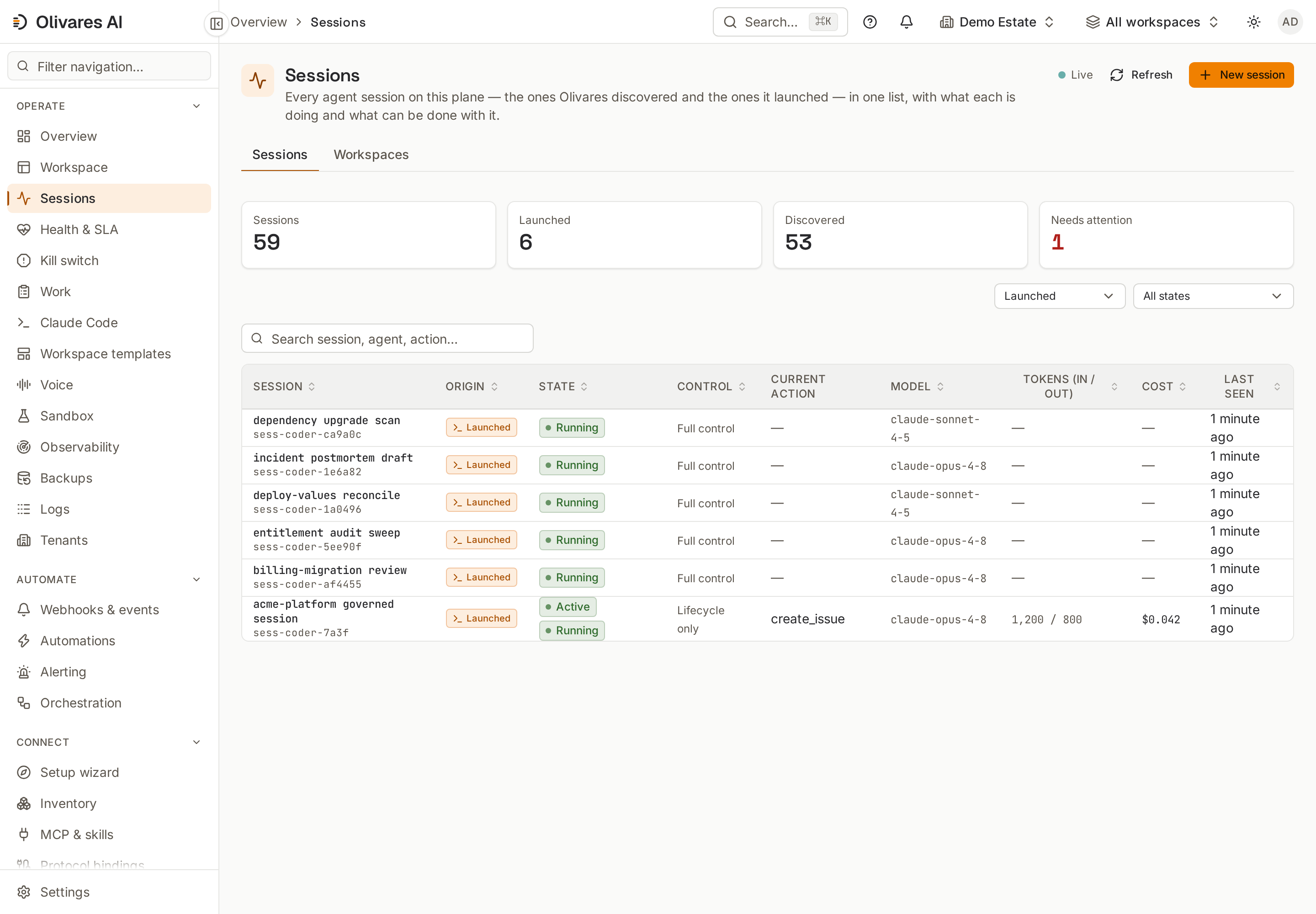 Live agent operation — what each session is doing right now, its tokens, cost and cadence, updated over a live stream.