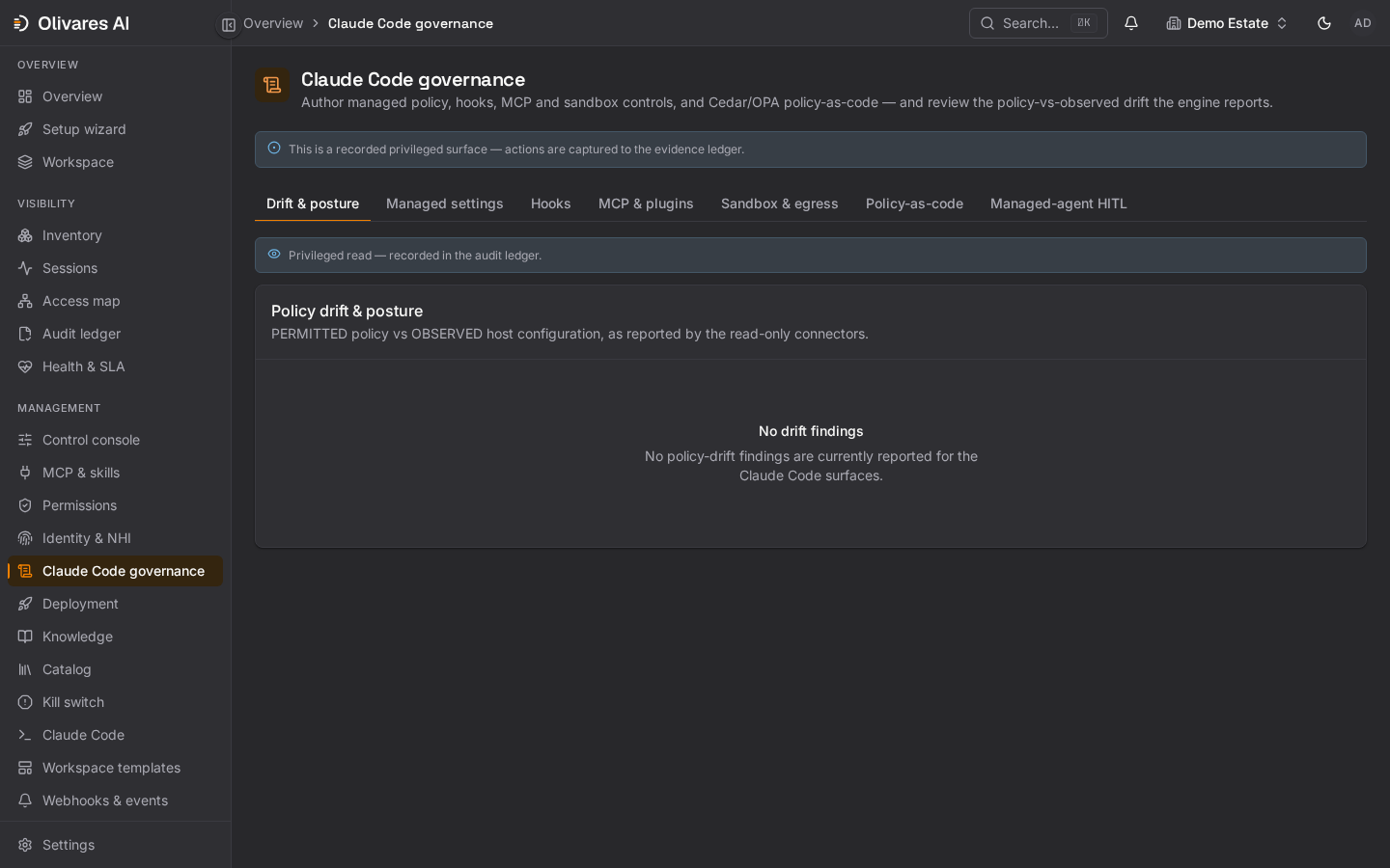 Olivares AI Claude Code policy view showing synthetic managed settings, hooks and governance checks