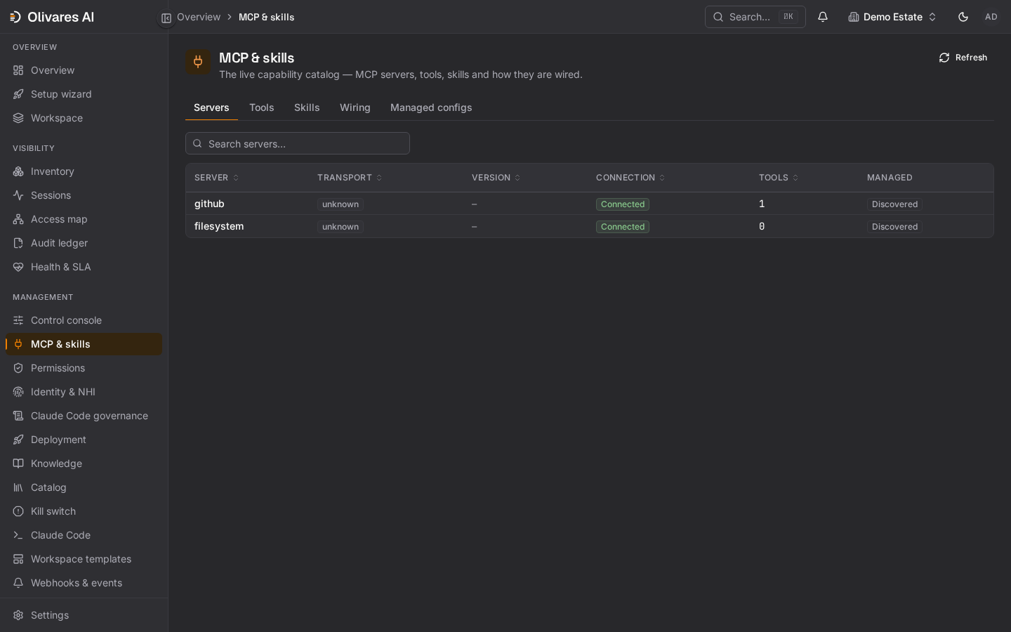 Olivares AI MCP capabilities catalog showing governed servers, tools, declared annotations, and connection status.