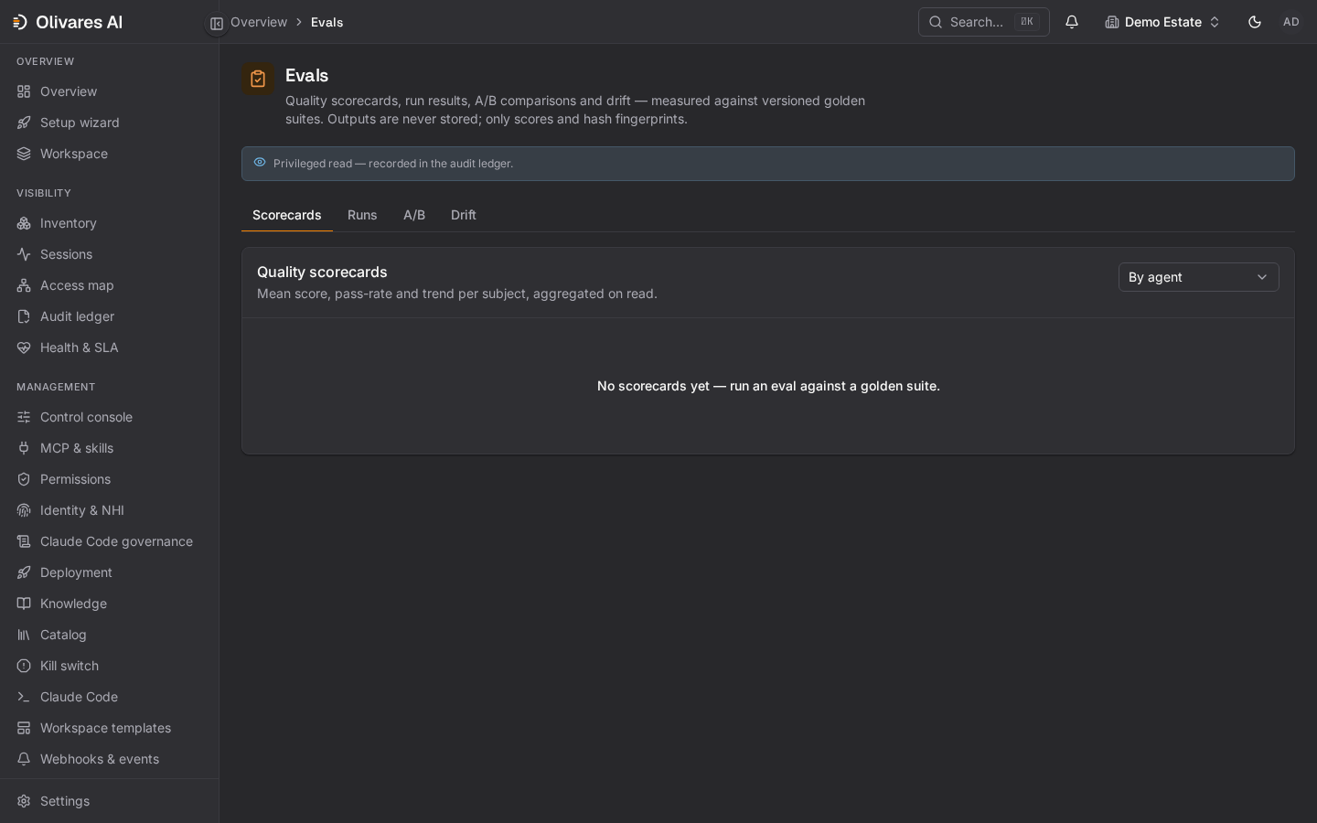 Olivares AI evaluations view showing scorecards, regression runs, quality checks, and sandbox results.