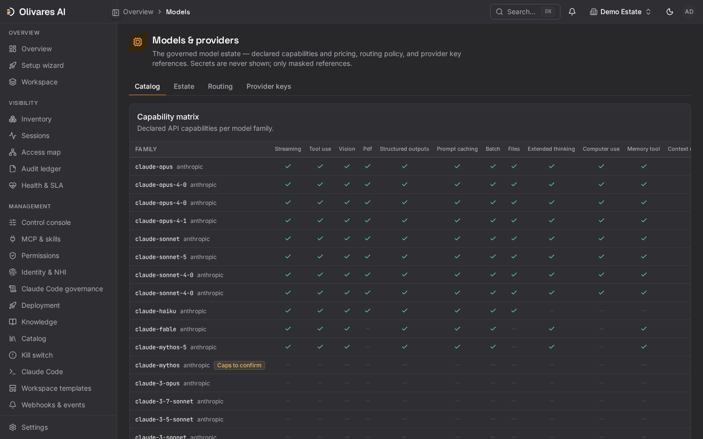 Olivares AI model governance view showing providers and a declared model capability matrix.