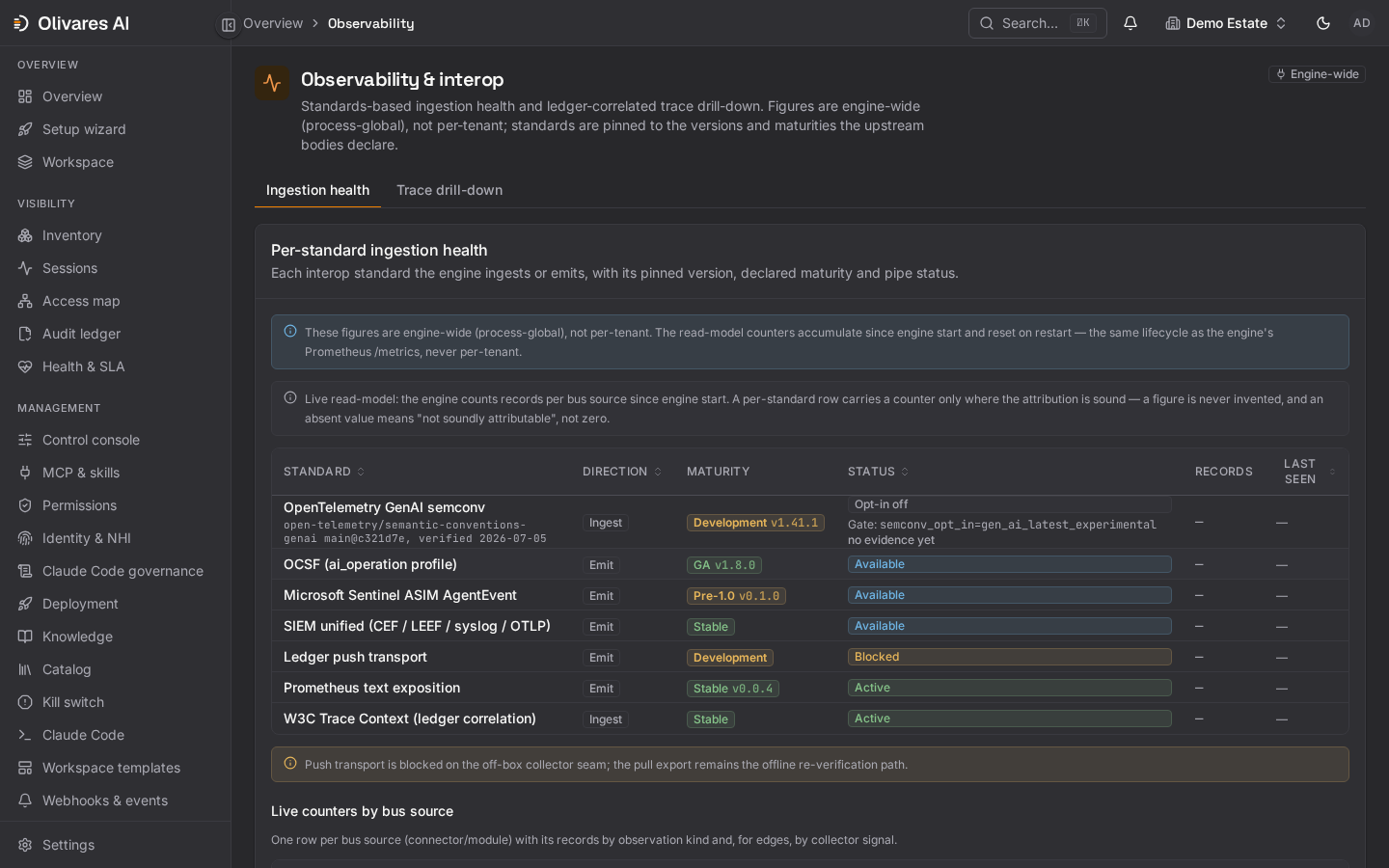 Olivares AI observability view showing standards-based ingestion health, interoperability status, and trace drill-down.